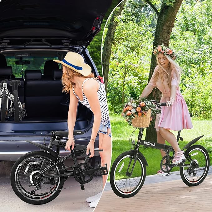 20 inch Folding Bike 6 Speed V Brake City Commuter Bicycle with Basket Mudguard for Men Women Daily Commuting
