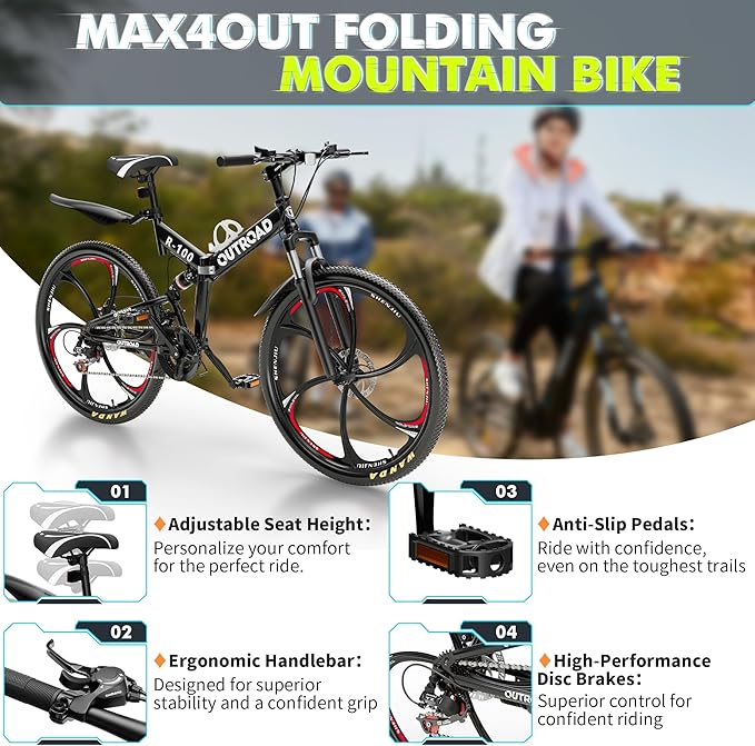 26 Inch Folding Mountain Bike, 21 Speed Full Suspension Bicycle Dual Disc Brake Non-Slip Quick Release tire for Adults Men Women(Balck/Pink/Green/Orange/White/Purple)