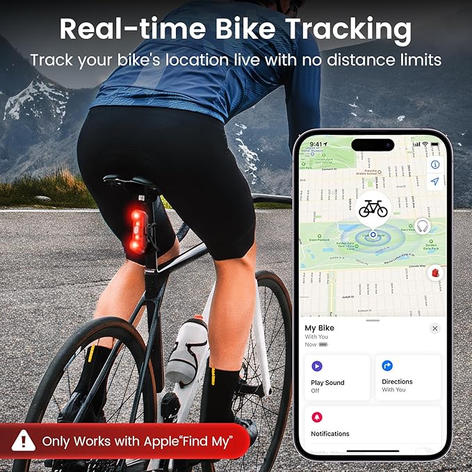 Bike Tail Light with Bike Tracker, GPS Real-Time Track (iOS Only, Work with Apple Find My), 3 Light Modes, Rechargeable Type-C, IPX6 Waterproof, Cycling Safety Rear Bike Light for Night Riding
