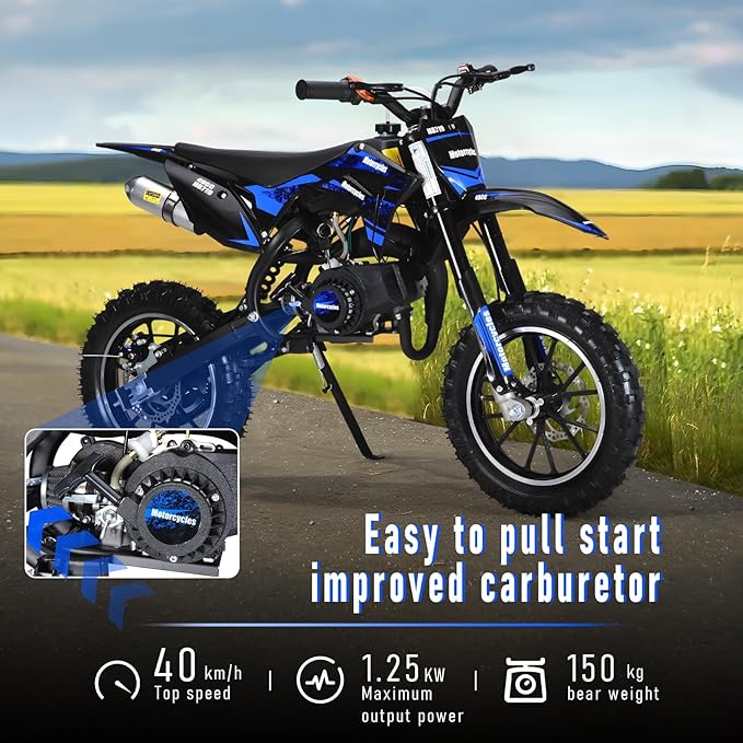 cdar Kids Dirt Bike, 49cc Gas Dirt Bike for Teens - 25MPH 2-Stroke Pit Bike with Hydraulic Disc Brakes & 10" Off-Road Tires Ages 13+ Max180lb Load Christmas for Boys Girl Blue