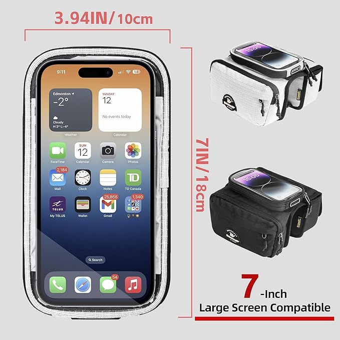 Rhinowalk Bike Frame Bag with Touch Screen Phone Pouch – Waterproof Bicycle Top Tube Bag with Rain Cover, Dual Side Storage for Cycling Accessories (White)