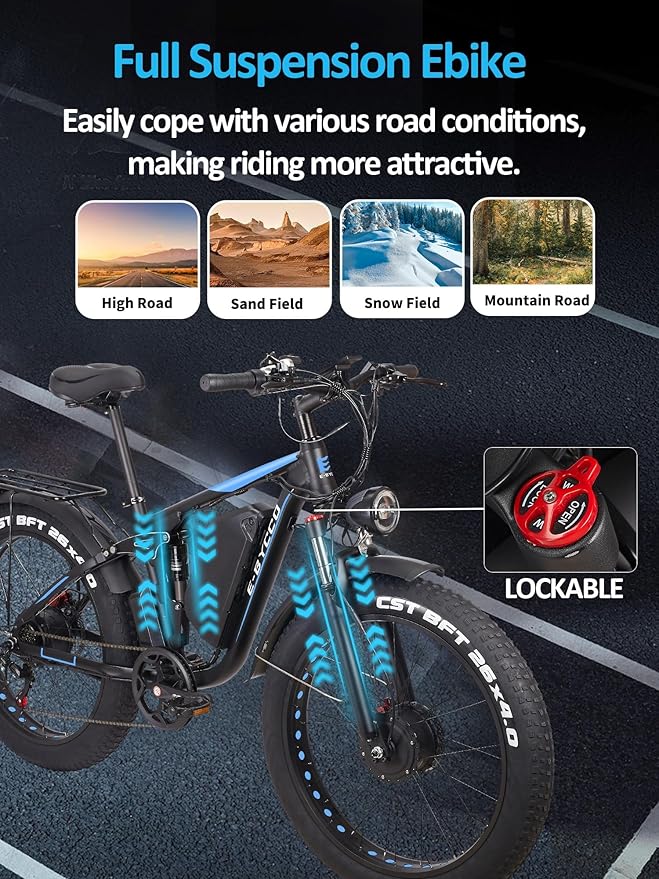 6000W Electric Bike for Adults, 52V 32AH Dual Motor E-Bike, Up to 100Mile & 45MPH All-Terrain Fat Tires Full Suspension 24/26 Inch Electric Bicycles Hydraulic Disc Brake for Road UL2849 by SGS