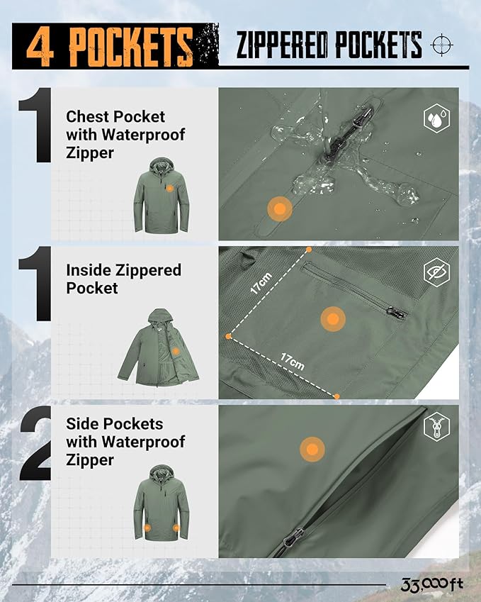 33,000ft Men's Packable Rain Jacket Lightweight Rain Shell Jacket with Hood Waterproof Raincoat for Cycling