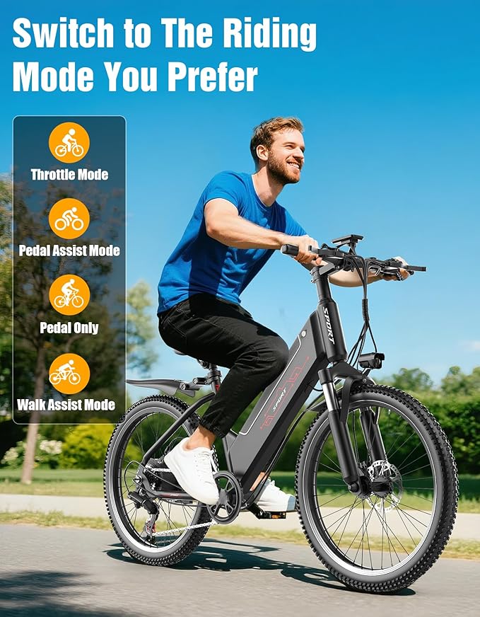 Electric Bike for Adults, 1500W Peak E bike with 48V 12Ah Internal Removable Battery, 26" Electric Bicycle Up to 25MPH, 65 Miles Long Range, 5 Modes & 7 Speeds, Lightweight Cruiser E-bike for Commute