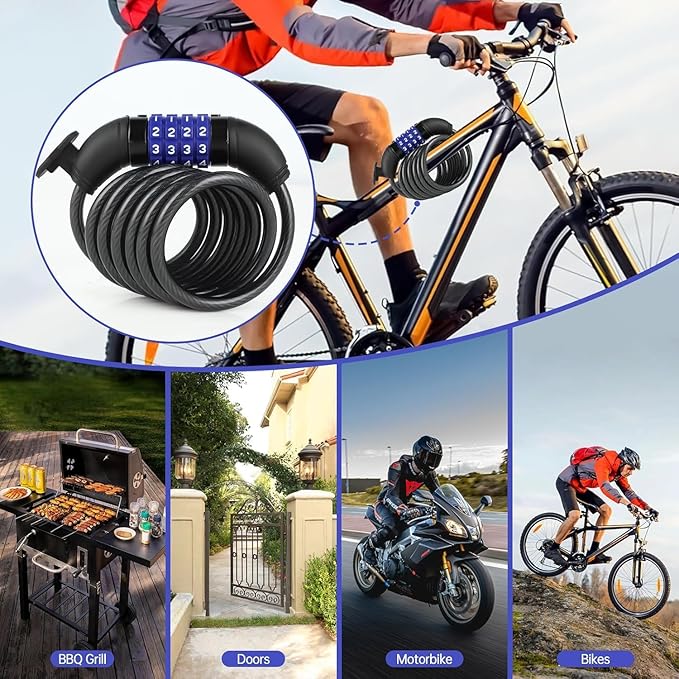 Bike Lock Cable,Anti Theft Cable Lock,4 Digit Security Resettable Combo Bike Lock, for E-Scooter, Electric Bike, Mountain Bike,Bicycle, Motorbikes