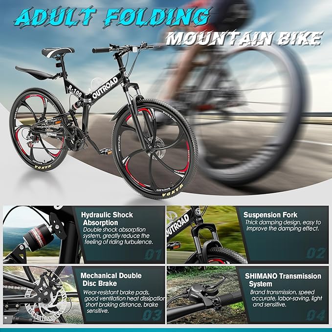 26" Foldable MTB – 21-Speed Full Suspension, High-Carbon Steel Frame, Dual Disc Brakes & Quick-Release Tires – Adults & Teens (Black)