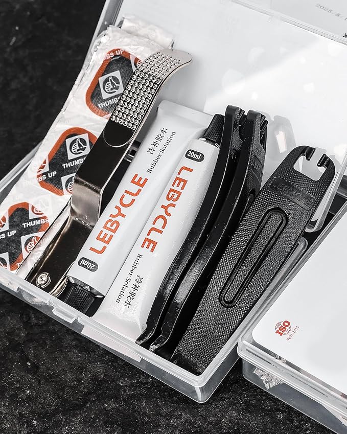 Bike Tire Repair Kit for Road & Mountain Bikes, Portable Inner Tube Patch Kit with Vulcanizing Patches, Glue & Rim-Safe Levers