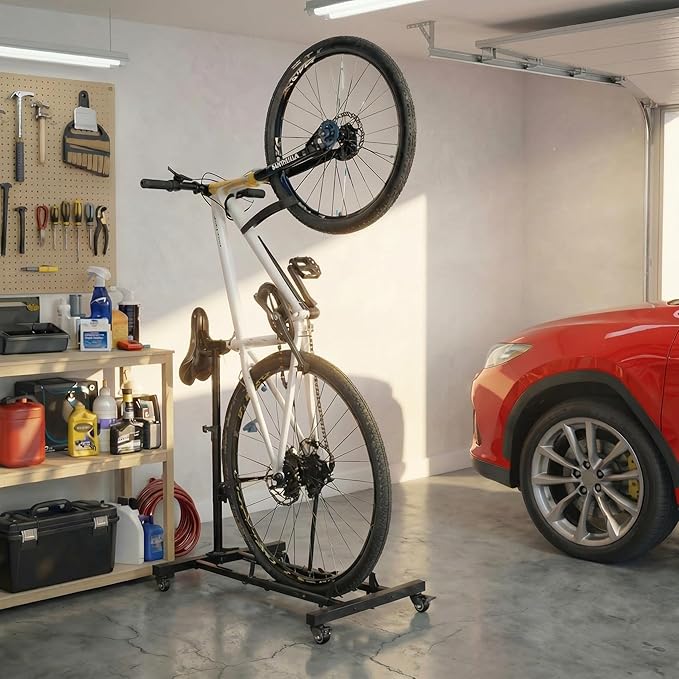 Japard Vertical Bike Stand with Wheels, Freestanding Indoor Bike Storage Rack Upright Bicycle Floor Stand with Adjustable Height for Garage - Wheels Sizes up to 29”