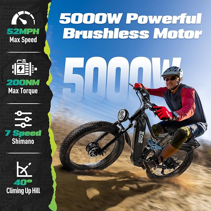 EcoE 5000W Dual Motor Electric Bike for Adults 52MPH with Charge Voltage 63V Battery, 26x4 Fat Tire All Terrain Ebikes, Full Suspension E Bike, SHM 7-Speed Gear Electric Bicycle -z-4