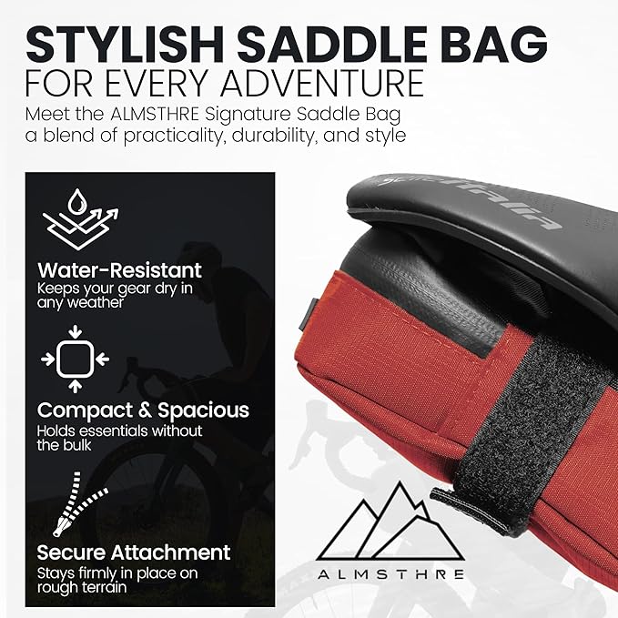 ALMSTHRE Signature Bike Saddle Bag – Rust Red | 0.5L Bike Seat Bag (3" x 5.25" x 2") | Water-Resistant Ripstop, Waterproof Zipper, Internal Pocket | Durable Under Seat Storage