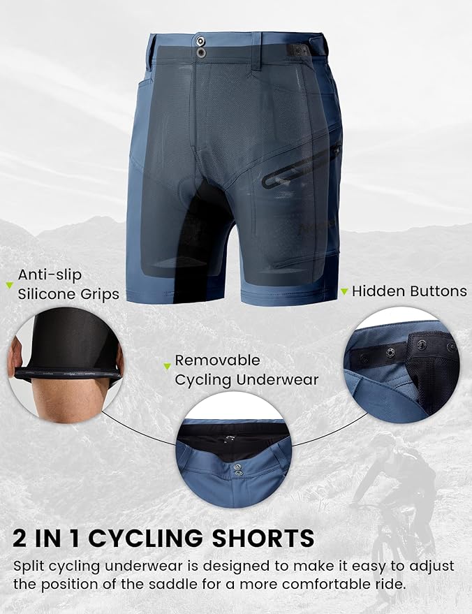 Nepest Mens Mountain Bike Shorts 3D Padded MTB Bicycle Riding Cycling Short Padding Liner Baggy Quick Dry,Zip Pockets