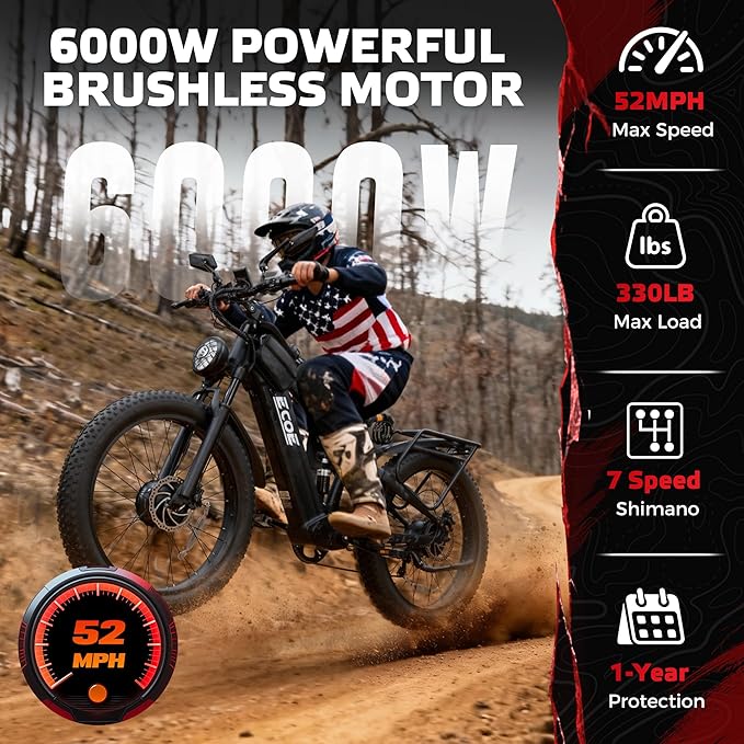 EcoE 6000/7000W Dual Motor Electric Bike for Adults 52MPH Charge Voltage 63 V32A, 26x4 Fat Tire All Terrain Ebikes, Full Suspension E Bike, SHM 7-Speed Gear Electric Bicycle