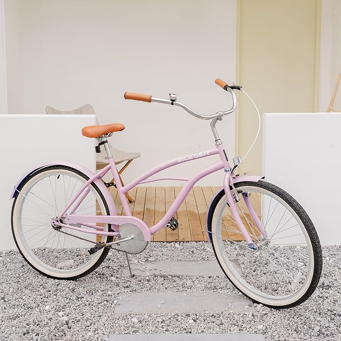 ACEGER 24 26 Inch Women Beach Cruiser Bike, Single Speed and 7 Speed, Adult Hybrid Bike Commuter Bicycle, Hi-Ten Steel Frame with Adjustable Handlebar and Saddle, Multiple Colors