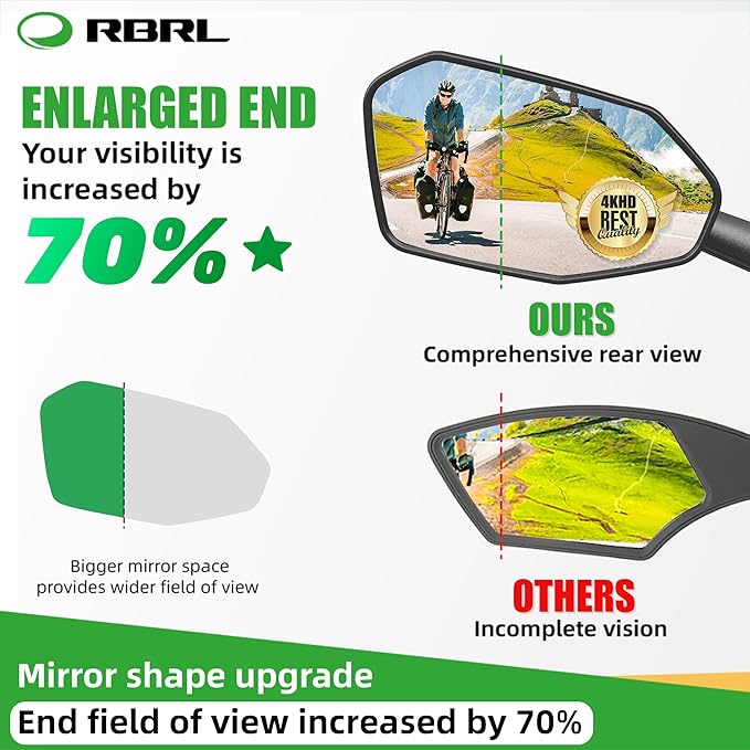 RBRL Bicycle Mirror, Extra Large Bike Mirror, 360° Adjustable Shatterproof and Durable Bar End Rear View Mirror Bi, Bicycle Side Mirror for E-Bike (Set)