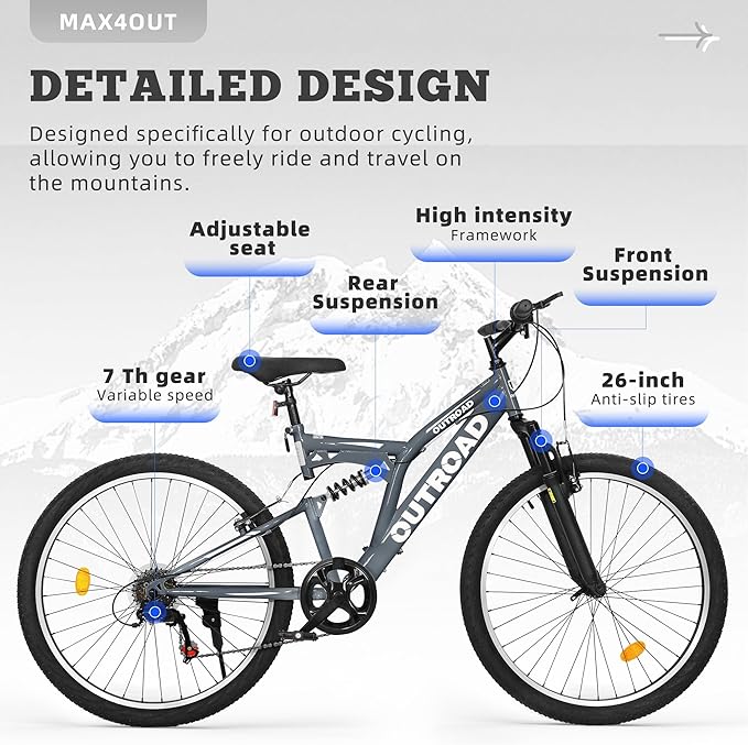 26 inch Mountain Bike Dual Full Suspension, Outdoor Hybrid Bikes,7-Speed/High-Carbon Steel, for Men Women Adult, MTB Bicycle with Suspension Fork,Sleek Colors