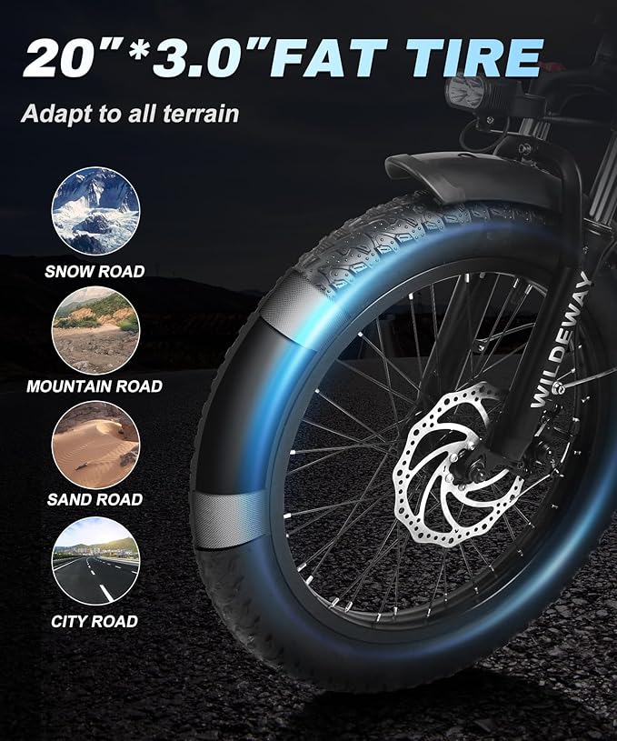 Wildeway Folding Electric Bike for Adults with 32Ah Battery Long Range 750W Motor 28MPH, 20"x 3.0"Fat Tire Foldable EBike, Urban City Commuter Men Women Bicycle 7 Speed Gear