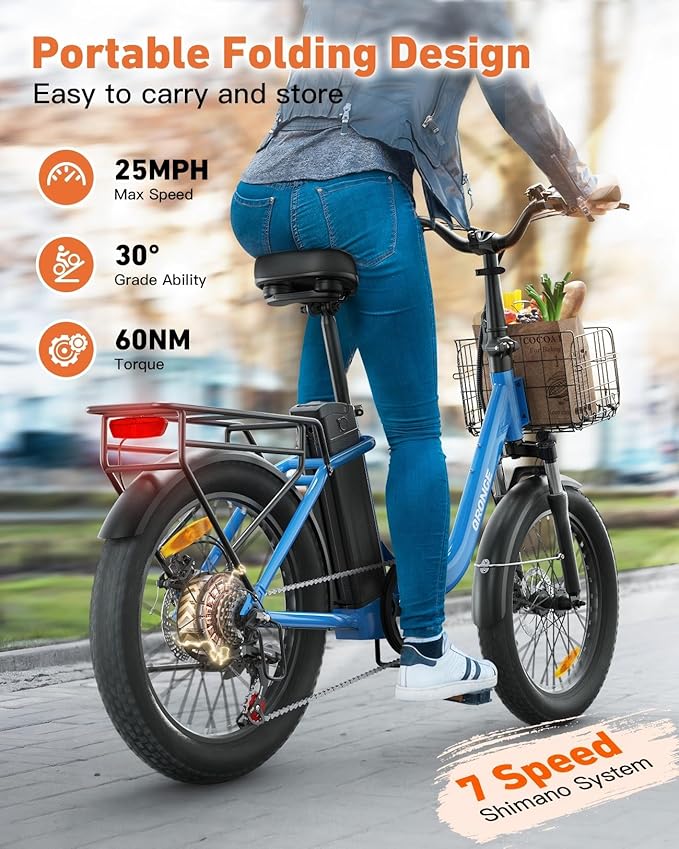 Electric Bike, 1000W Peak Folding Electric Bike, 486Wh 70 Miles Range Ebike, Waterproof Removable Battery, 7 Speed, 25 MPH Max, 20" Step-Thru Bicycle with Front Basket