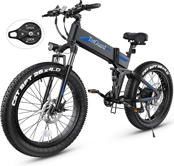 Wooken 26" x4.0 Fat Tire Electric Bike, Folding Electirc Bike for Mountain Commuter, Peak 1000W Motor 21.6 MPH, Ebikes for Adults with 48V/10.4Ah Removable Battery, Suspension Fork, 21 Speed Ebike