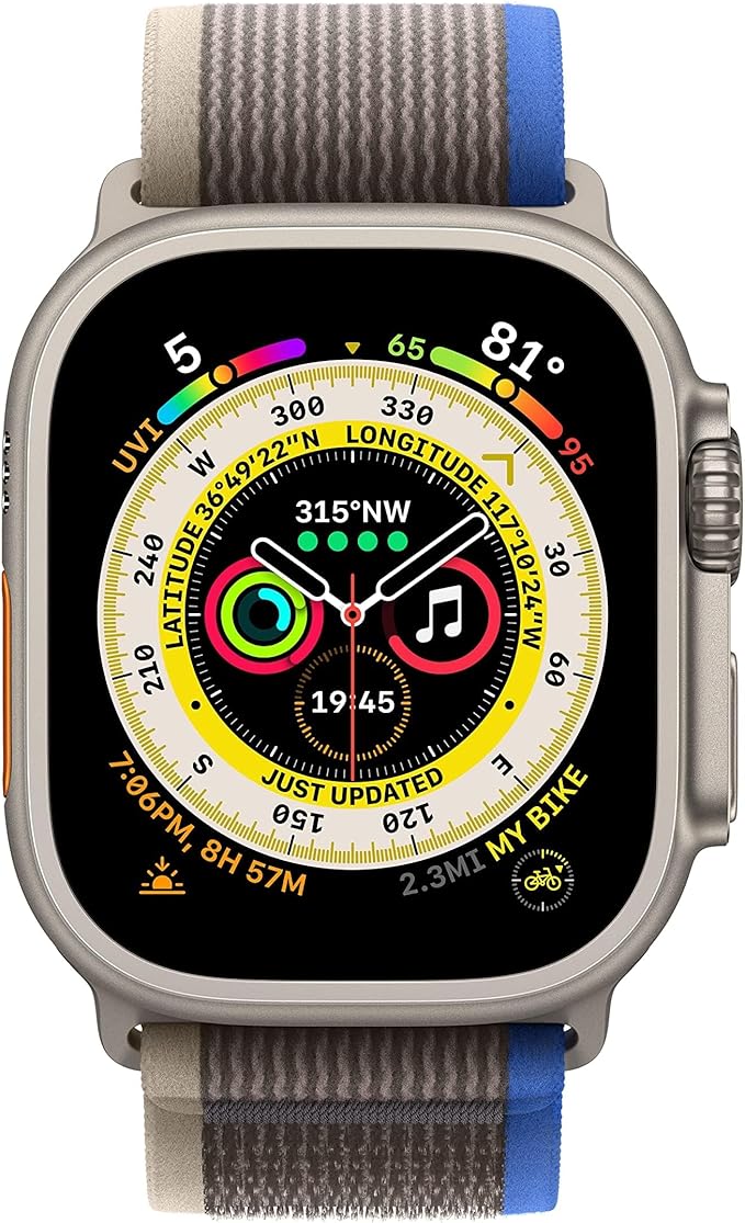 Apple Watch Ultra [GPS + Cellular 49mm] Titanium Case with Blue/Gray Trail Loop, S/M (Renewed)