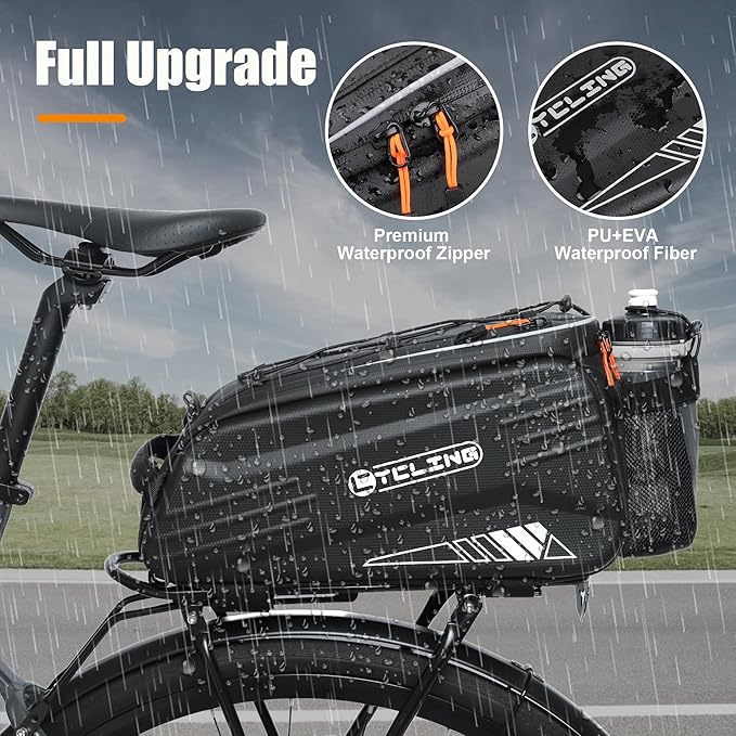 Bike Rack Bag-10L EVA Hard Shell Waterproof 3 in 1 Ebike Trunk Pannier Bag with Reflective Strip & Shoulder Strap for Commuter Travel Outdoor Cycling Accessories (Hard Shell with Rain Cover)