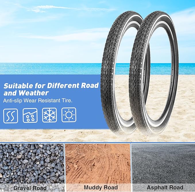20"/24"/26" x 2.125" Folding Replacement Bike Tires for Beach Cruiser Bike，Bicycle Tires for Commuter Bikes，White Wall，1/2Tires & 1/2 Tubes & 2 Levers