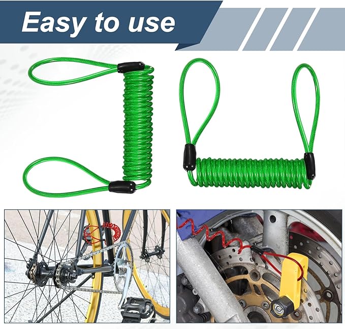 2-Pack Disc Lock Security Steel Cable, 59inch/1500mm PVC Coated Spring Reminder Wire Anti-Theft Rope for Outdoors Protection/Bicycle U-Lock, Motorcycle Reminder Cable [Green]