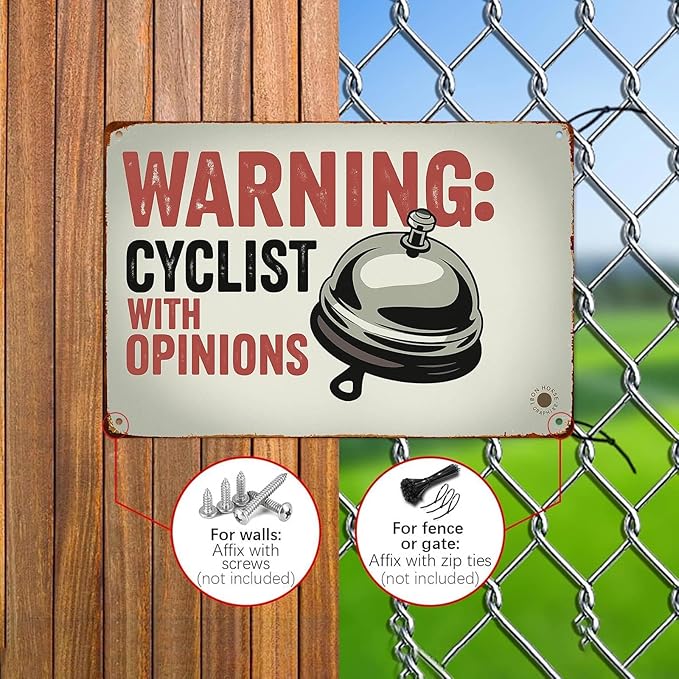 Warning Cyclist With Opinions Right Bell Cycling Vintage Funny Wall Decor 8 * 12 Inch Retro Metal Sign Posters For Kitchen Bathroom Farm Yard Bar Garage Man Cave Anywhere You Feel Is Appropriate