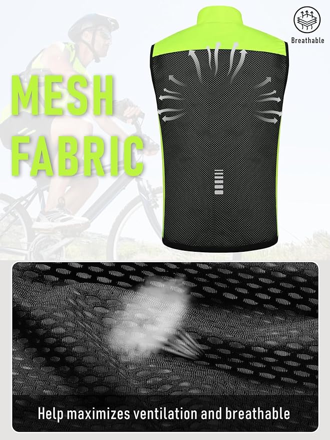 qualidyne Men’s Lightweight Windproof Cycling Vest, Full-Zip Sleeveless Bike Gilet with Breathable Mesh Back and Reflective