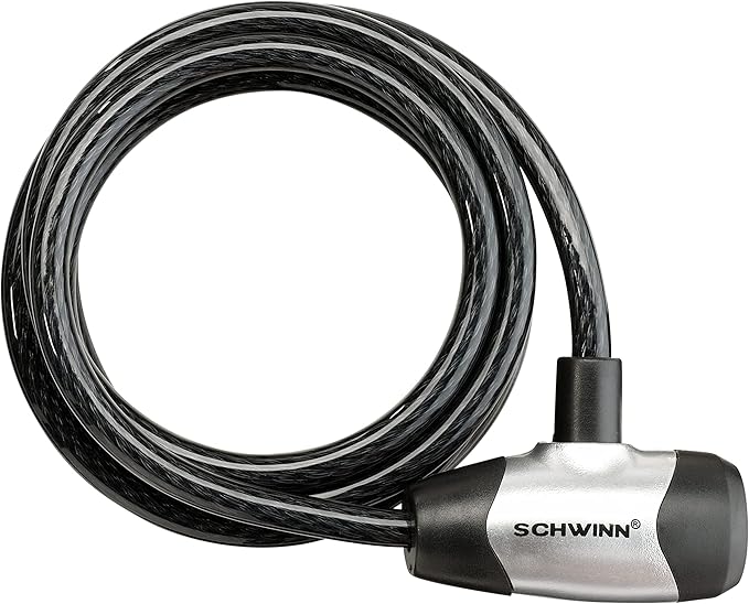 Schwinn Bike Cable Lock with Keys, 6 ft x 8 mm, Black, Durable Steel, Protective Vinyl Cover, Carrying Bracket for Transport, Anti Theft Protection, Bike Lock Cable for Security