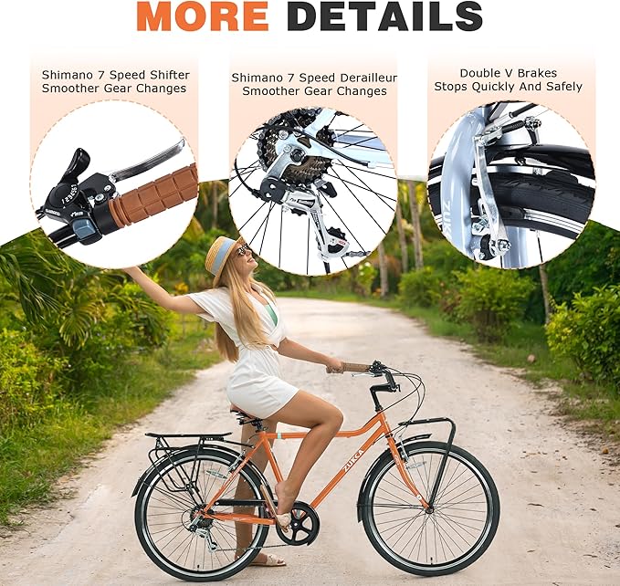 Vintage Style 26 Inch Adult Cruiser Bicycle Hybrid Bike 7 Speeds Commuter Bike for Women, Men, Seniors, SHMANO Shifter and derailleur Step-Over Steel Frame,Double Cargo Rack，4 Colors