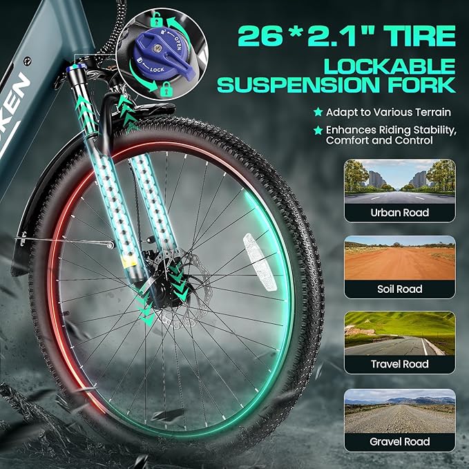 Wooken Electric Bike for Adults, 1000W Peak Ebike, 26" x 2.1" Tire Step Through Electric Bike, City Cruiser Ebike with 48V 10.4/15Ah Removable Battery, 7 Speed, SGS Certified to UL2849