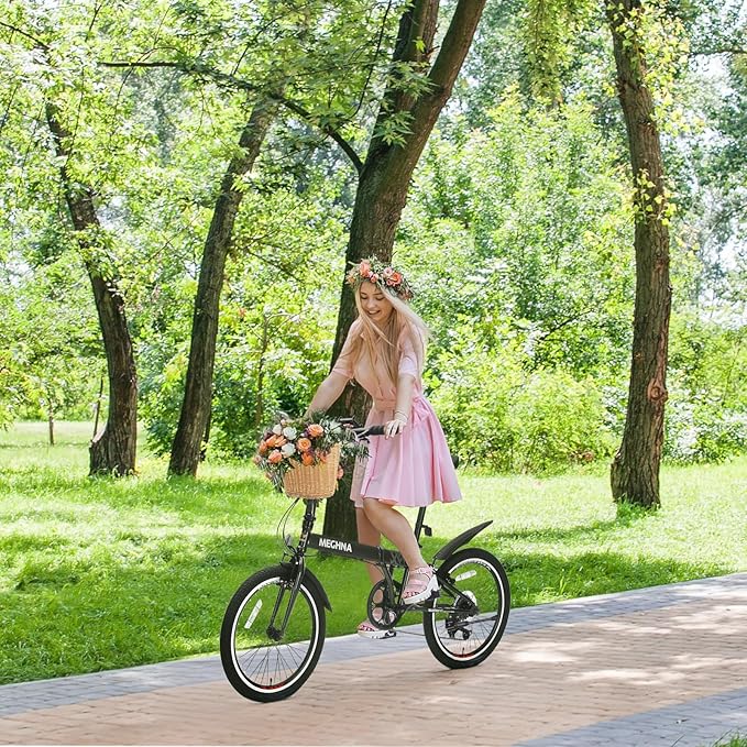 20 Inch Folding Bike for Adults, 6-Speed City Commuter Bike with Steel Frame,Quick-Release Fold, Front Basket, Phone Holder & V-Brakes