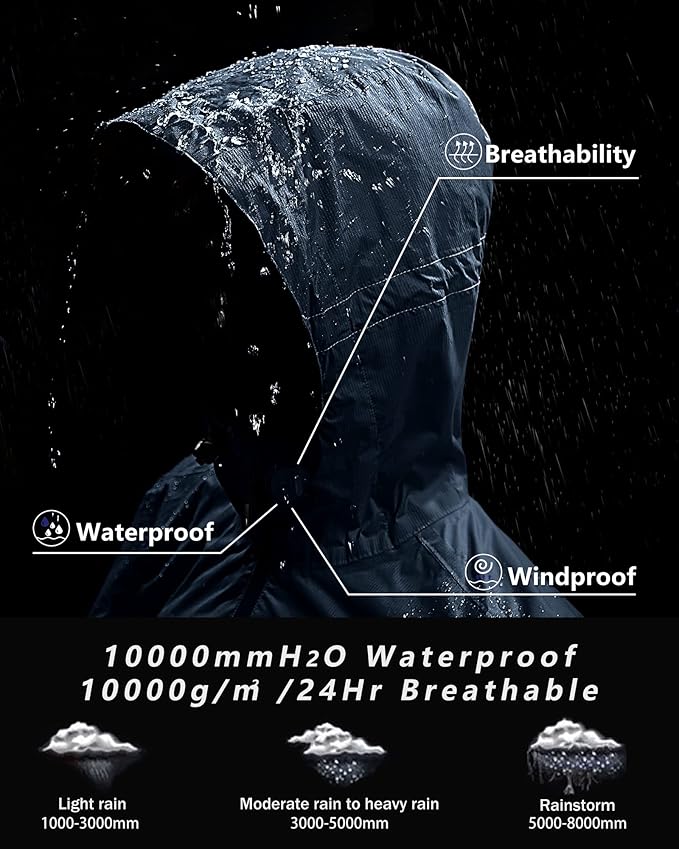 Outdoor Ventures Men's Packable Rain Jacket Waterproof Lightweight Raincoat with Hood Windproof Cycling Jackets