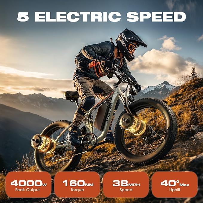 Electric Bike, 52V 25Ah 4000W Dual Motors, 24" Fat Tires Adult, 38mph Up to 110 Mile Range, Full Suspension, Hydraulic Brakes Class 3 Ebike, for Off-Road Mountain Riding Adventures
