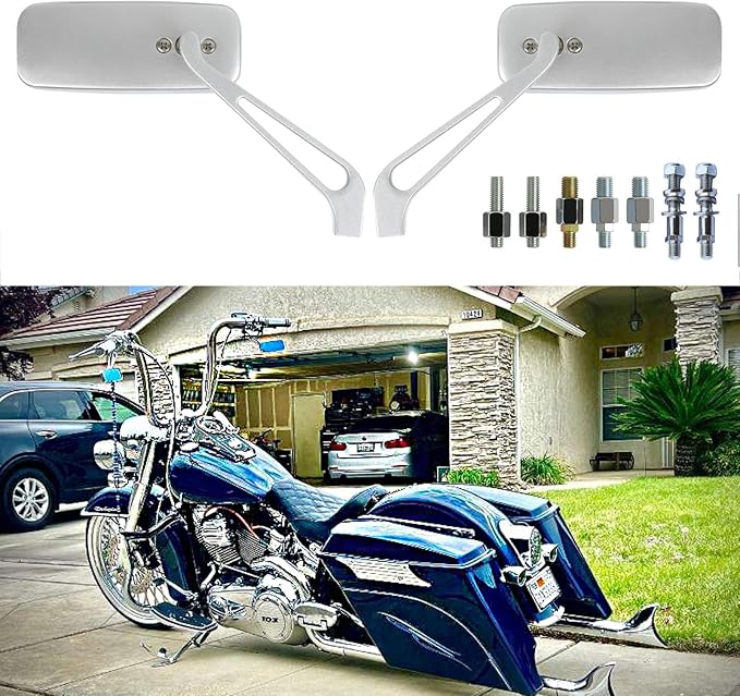 8mm/10mm Silver Rectangle Motorcycle Rear view Side Mirrors for Cruiser Chopper Honda Kawasaki Suzuki Yamaha (Silver with Harley Screw)