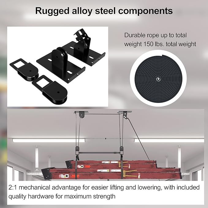 Ladder Storage, Larger Pulley Ladder Hoist, Self Locking Function Ladder Hanger, Garage Ceiling Mount Lift System for Kayak, Cargo Box, Canoe, Bike,Fit 10-14 Foot Ceilings, Hold 150 lbs