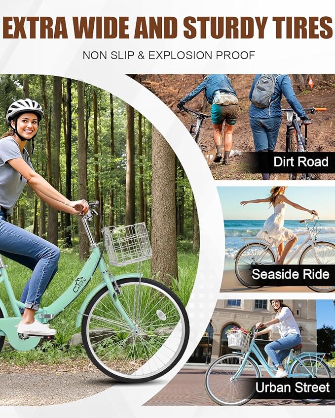 24/26 Inch Foldable Bike Folding Bicycle, 7 Speed Beach Cruiser Bike with Lock, Comfort Back Seat, Foldable Basket & Ergonomic Upright Frame, Cruiser Bicycle for Adults