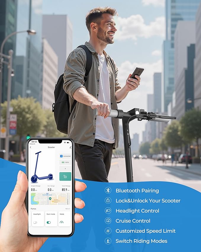 Electric Scooter for Adults - 19/22MPH & 15/22Mile Range, 8.5"/10" Solid Tires Folding Commuter E-Scooter with Dual Suspension, App Control & Dual Brake System, with Seat