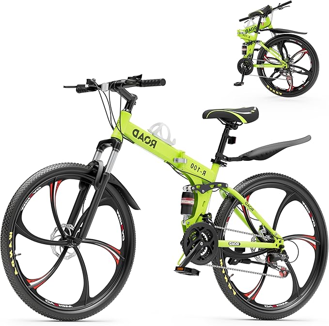 Betterland 26 Inch Mountain Bike, 21 Speeds Full Suspension Folding Bikes, Dual Disc Brake, High Carbon Steel Frame and Non-Slip Quick Release tire Bicycle for Adult