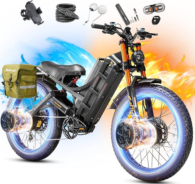 eAhora 2026 Romeo Pro3/2 50/46Mph Ebike 5600/4000W Dual Motor 200+Miles Electric Bike for Adults, 52V/70Ah 60V/80Ah Long Range 26 * 4.0" Fat Tire Full Suspension Electric Mountain Bike
