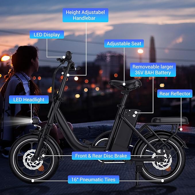 SEHOMY 2-Seat Electric Bike for Adults 630W Peak Motor, 25MPH Folding Ebike, 16" Adults Electric Bicycles with 30° Uphill, 288WH Removable Battery, 35 Miles Long Range, Commuter E Bikes Teens 14+