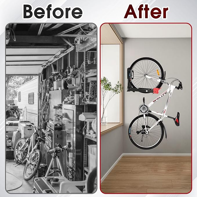 Bike Wall Mount Rack - Heavy-Duty Foldable Vertical Bicycle Storage with Hooks, Space Saving Wall-Mounted Organizer for Mountain/Road/Kids Bikes - Anti-Scratch & Tool-Free Install, Holds 70lbs