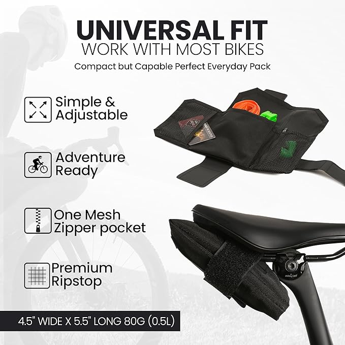 ALMSTHRE Roll Bike Saddle Bag - Midnight Black | 0.5L Compact Bike Seat Bag (5.5" x 4.5") | Premium Weather-Resistant Ripstop, Reinforced Ride Armor, 3 Organization Pockets with Mesh Zipper