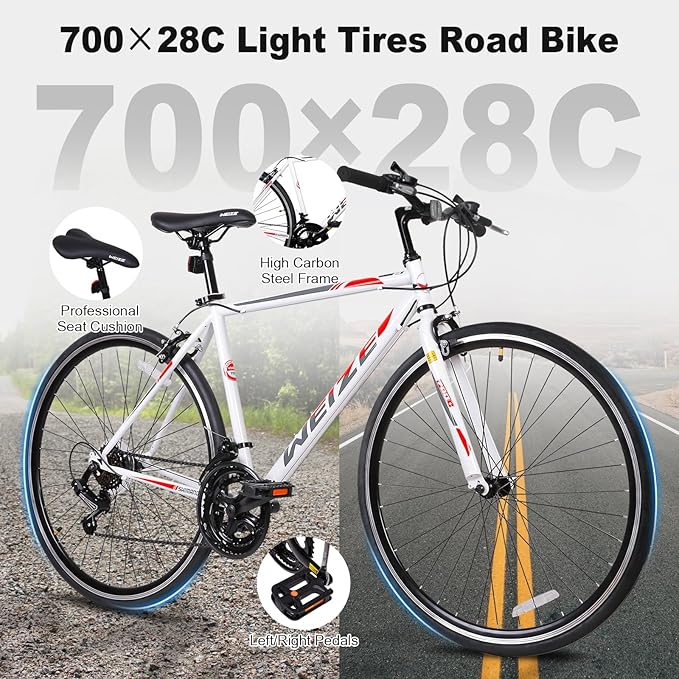 WEIZE 700C Hybrid Bike for Adults, 14 Speed Road Bike, City Commuter Bicycle with Caliper Brakes, High-Carbon Steel Racing Adult Bike, Urban Adult Bicycle for Men and Women