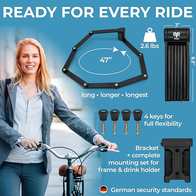 WIDDER Very Long [47"] Security Folding Lock - Foldable Bicycle Lock with 4 Keys & Frame Mount Bracket, no Rattling - Ideal for Ebike & E Scooter with Key