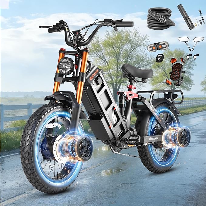eAhora Juliet Pro 2/Juliet Electric Bike for Adults 5400W/1200W Dual Motor Electric Bicycle 43MPH 60V 70Ah 220+Miles Long Range 20" Fat Tire Full Suspension Mountain E-Bike with APP Control