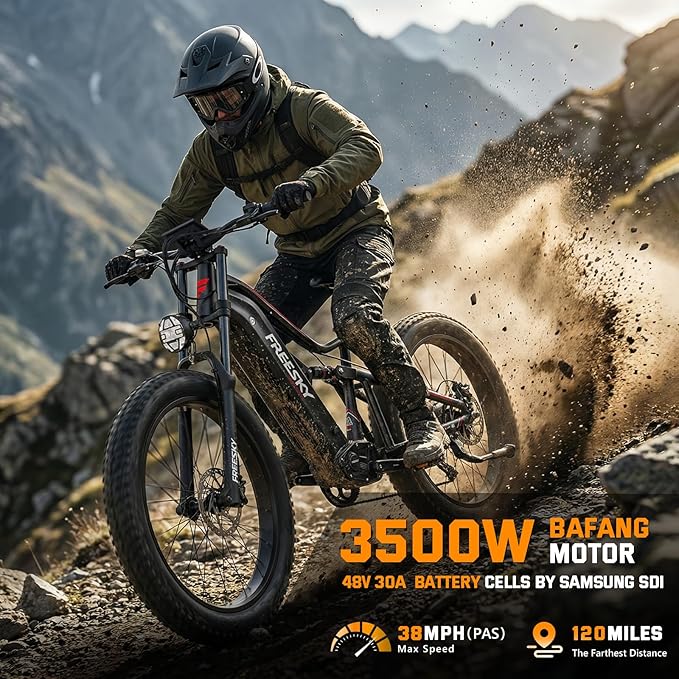 FREESKY 3500W BAFANG Motor Electric Bike for Adults, 48V 30Ah Samsung Cells Battery Ebike 120 Miles, 38+MPH, 26" Fat Tire Dirt All-Terrain Mountain E Bike, Full Suspension, UL 2849 Certified by TÜV