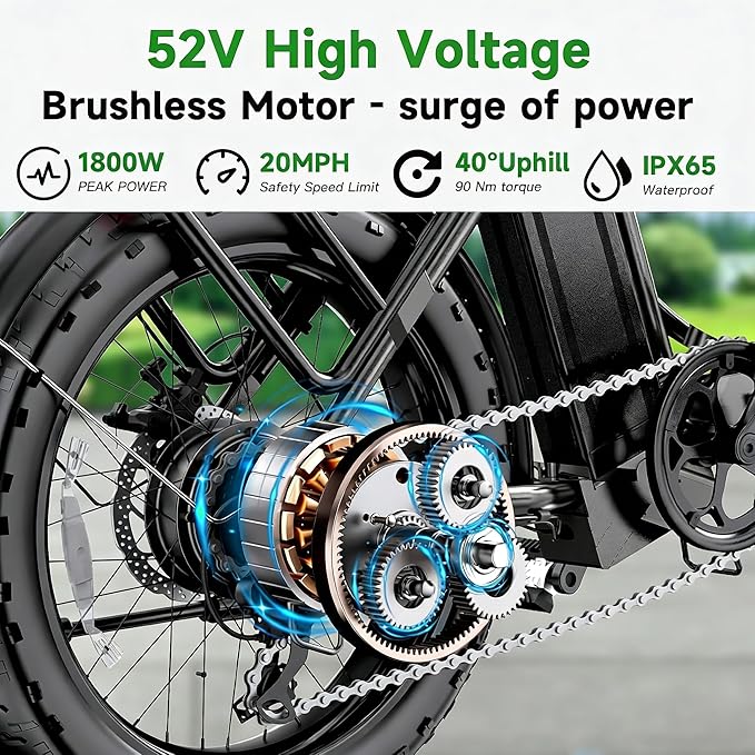 1800W Electric Bike for Adults, 52V/18.2AH Removable Battery Electric Bike, 86 Miles Long Range Foldable Fat Tire Electric Bicycle, 7-Speed Electric Commuter Bicycles, UL2849 Certified, Max 330LBS