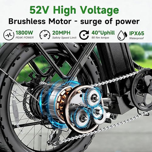 1800W Electric Bike for Adults, 52V/18.2AH Removable Battery Electric Bike, 86 Miles Long Range Foldable Fat Tire Electric Bicycle, 7-Speed Electric Commuter Bicycles, UL2849 Certified, Max 330LBS