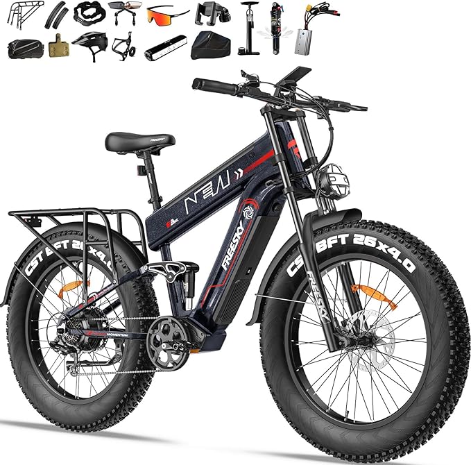 FREESKY Dual Battery Electric Bike for Adults, 48V 41AH 160 Miles Long Range E Bike, 4000W Motor 40MPH+, 26" Fat Tire Fast Mountain EBike, Full Suspension & Hydraulic Brakes, UL 2849 Certified by TÜV